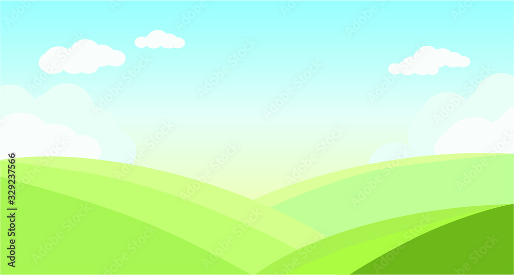 Landscape with green fields, hills. Vector illustration. Rural view.
