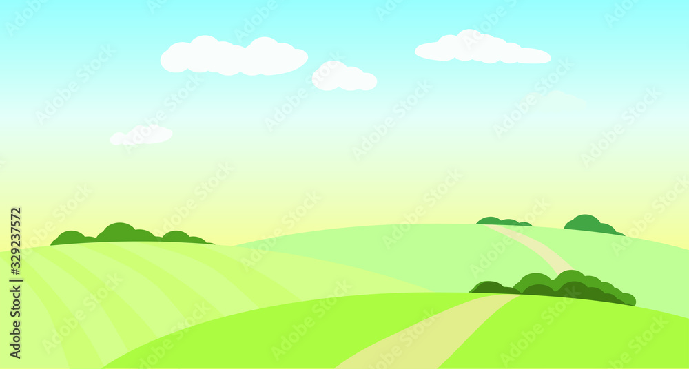 Obraz premium Landscape with green fields, hills. Vector illustration. Rural view.