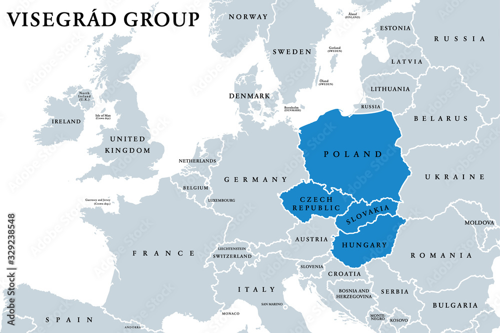 Visegrád Group member states political map. Visegrád Four, V4. Cultural and political alliance of Central European countries Czech Republic, Hungary, Poland and Slovakia. English. Illustration. Vector - obrazy, fototapety, plakaty 
