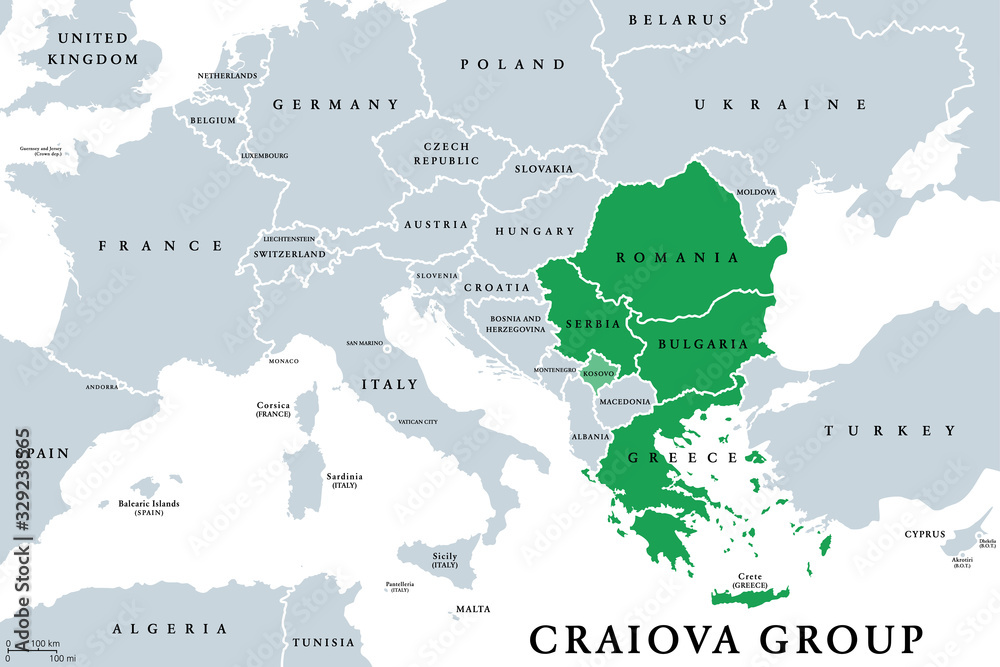 Obraz premium Craiova Group (Quadrilateral) member states political map. Craiova Four or C4, a cooperation project of the four European states Romania, Bulgaria, Greece and Serbia. English. Illustration. Vector.