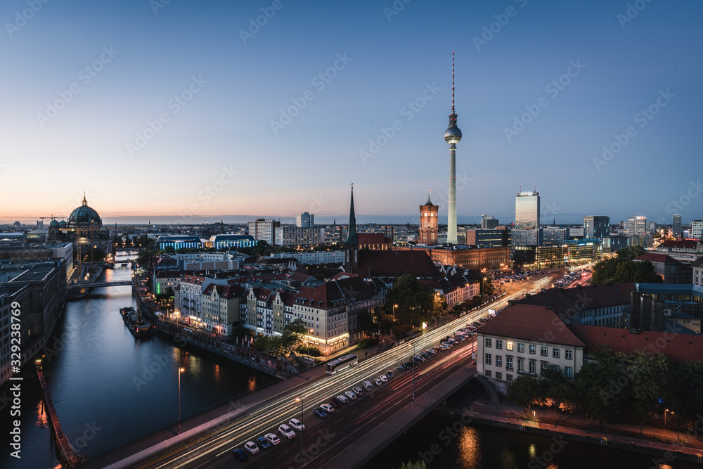 Fototapeta premium Landscape of Berlin city skyline, aerial view of the Berlin television tower at night