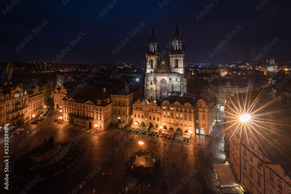 Night view of Church of Our Lady of Tyn and the Old Town Square, Prague, Bohemia, Czech Republic