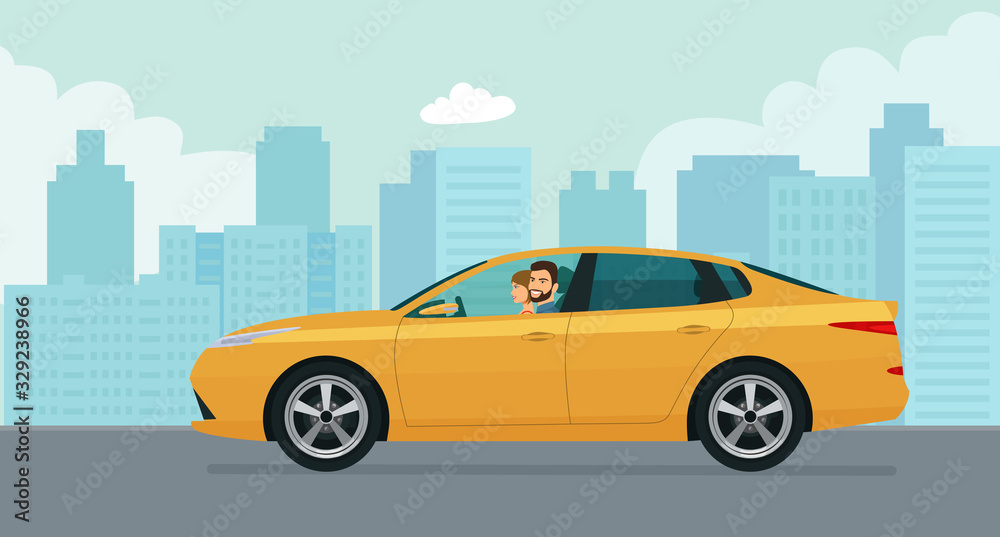 Sedan car with a driver man and woman on a background of abstract cityscape. Vector flat style illustration. Sedan car with a driver man and woman on a background of abstract cityscape. Vector flat style illustration.