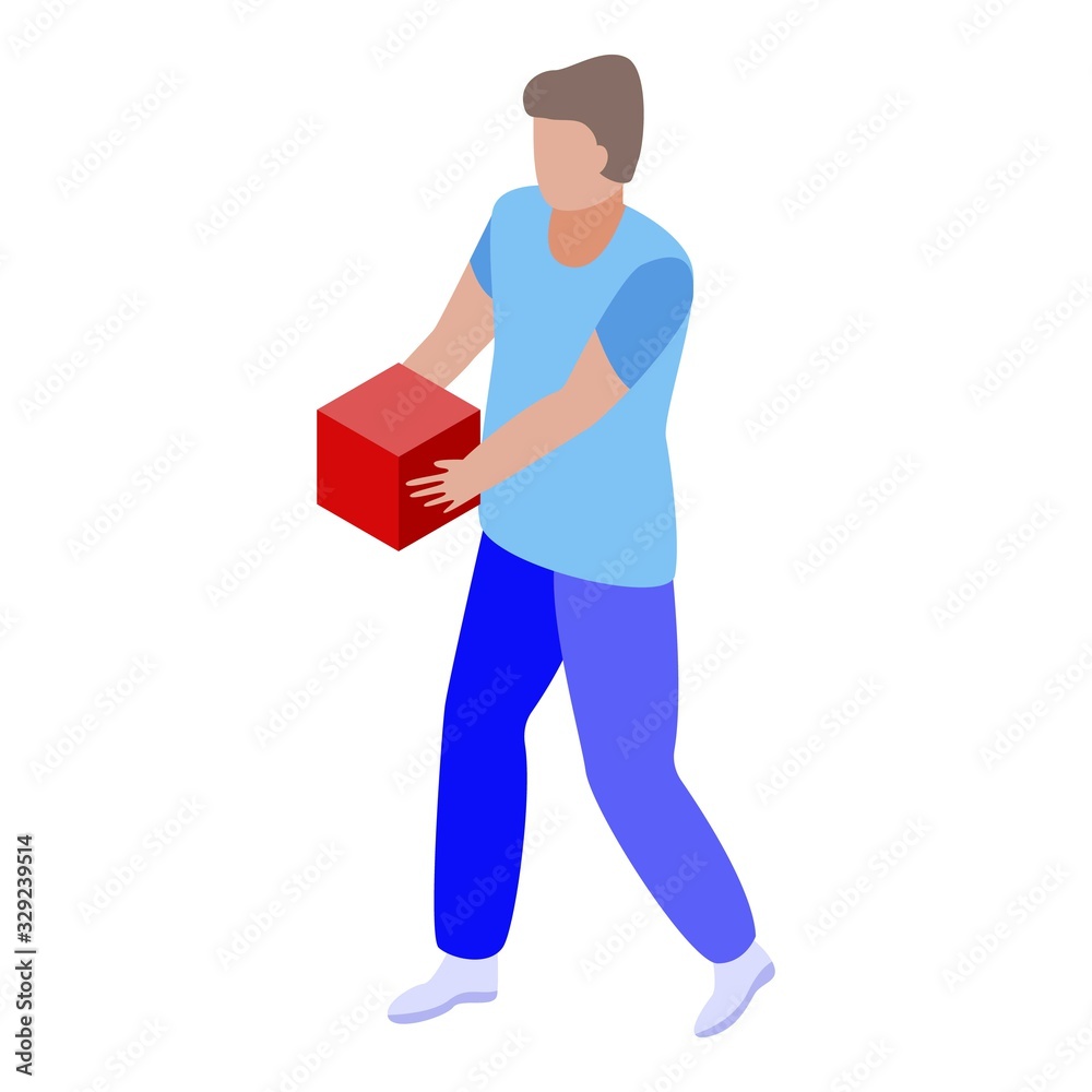 Man take red cube icon. Isometric of man take red cube vector icon for web design isolated on white background Man take red cube icon. Isometric of man take red cube vector icon for web design isolated on white background