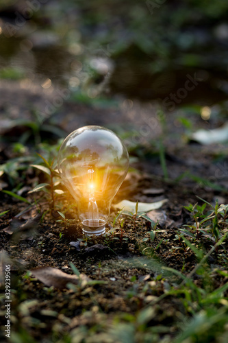 Hand holding light bulb against icons energy saving money on nature background