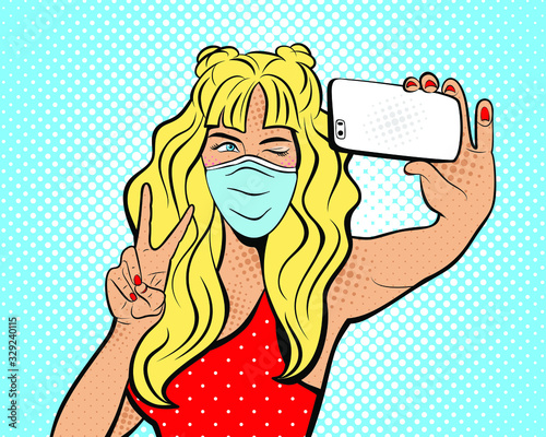 Attractive girl with open eyes in mask, with phone in the hand in comic style. Pop art woman holding smartphone. Digital advertisement, girl making selfie. Vector Illustration.