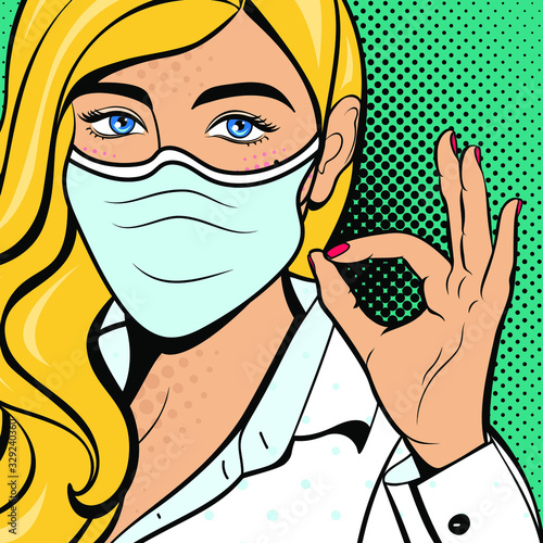 Pop art woman with squinted eyes and in mask. Vector background in comic style retro pop art. Invitation to a party. Face close-up.