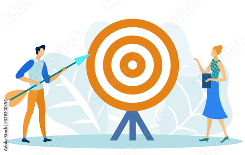 Target Marketing Flat Cartoon Vector Illustration. Businessman Shooting Bow. Goal Achievement, Customers Targeting. Business Client Engagement. Objective, Goal, Aim Accomplishment. Success at Work.