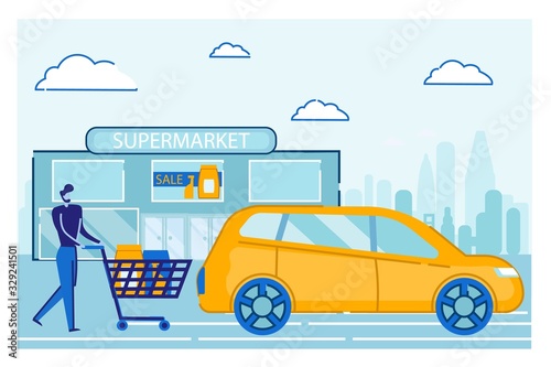 Fototapeta Naklejka Na Ścianę i Meble -  Young Man Loading Purchases in Car Trunk after Shopping in Market. Customer Pushing Trolley Cart with Goods Leaving Supermarket. Weekend Routine, Household Duties Cartoon Flat Vector Illustration