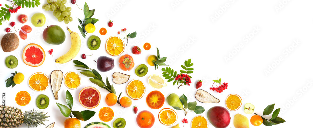 pattern of various fresh fruits isolated on white background, top view, flat lay. Composition of food, concept of healthy eating. Food texture. pattern of various fresh fruits isolated on white background, top view, flat lay. Composition of food, concept of healthy eating. Food texture.