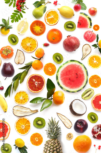 pattern of various fresh fruits isolated on white background, top view, flat lay. Composition of food, concept of healthy eating. Food texture.
