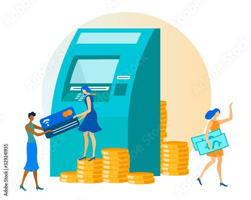 Afro American Woman Giving Caucasian Lady Plastic Bank Card Standing on Gold Coins Stack near Huge ATM. Girl with Withdrawn Cash Banknote Going Away. Flat Cartoon Tiny People. Vector Illustration