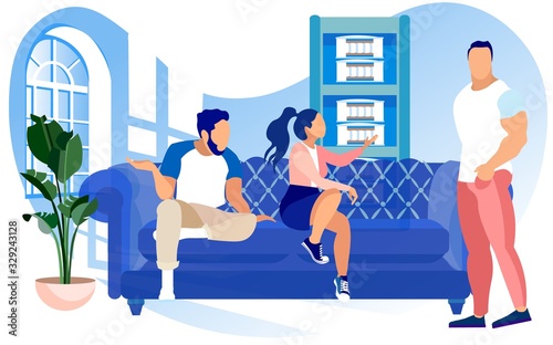 Conversation in Beds, Mattrasses and Bedding Store. Friends, Shop Assistants or Hosts, Discussing Mattresses, Sitting on Comfortable Sofa. Spacious Showroom with Big Potted Monstera on Floor.