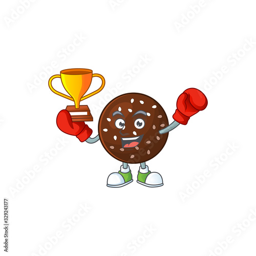 Happy face of boxing winner chokladboll in mascot design style