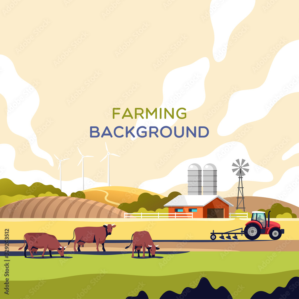 Agriculture industry, farming and animal husbandry concept. Rural landscape with copy space for text. Vector illustration. Stock Vector | Adobe Stock Agriculture industry, farming and animal husbandry concept. Rural landscape with copy space for text. Vector illustration. Stock Vector | Adobe Stock