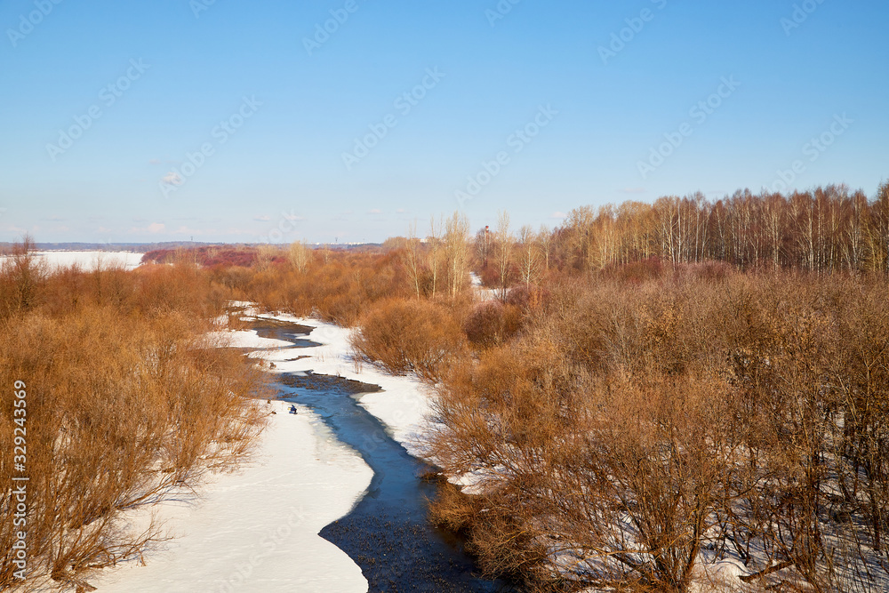 Beautiful top view of the river in the spring with ice, snow and water