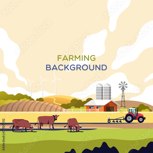 Agriculture industry, farming and animal husbandry concept. Rural landscape with copy space for text. Vector illustration.