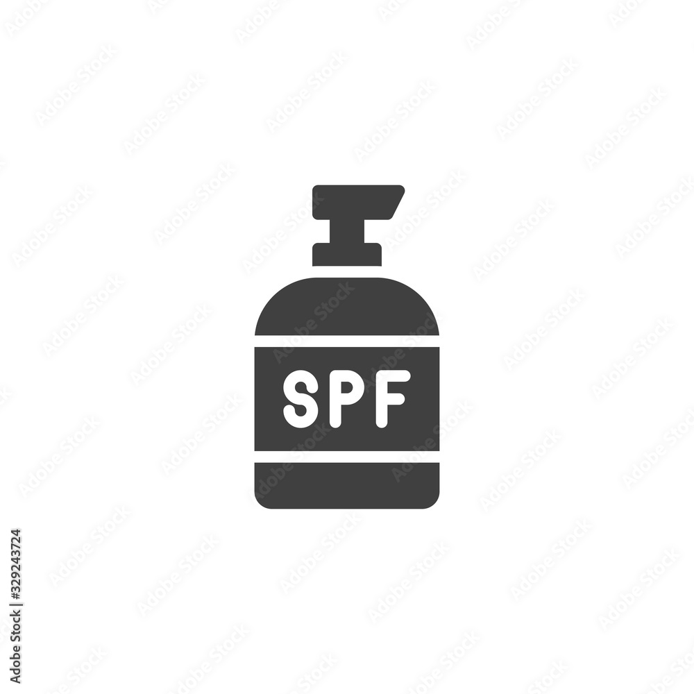 Obraz premium Sun protection bottle vector icon. filled flat sign for mobile concept and web design. Sunscreen lotion glyph icon. Symbol, logo illustration. Vector graphics