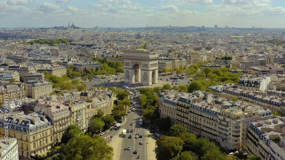 PARIS, FRANCE - MAY, 2019: Aerial drone view of Triumphal Arch in historical city centre. PARIS, FRANCE - MAY, 2019: Aerial drone view of Triumphal Arch in historical city centre.
