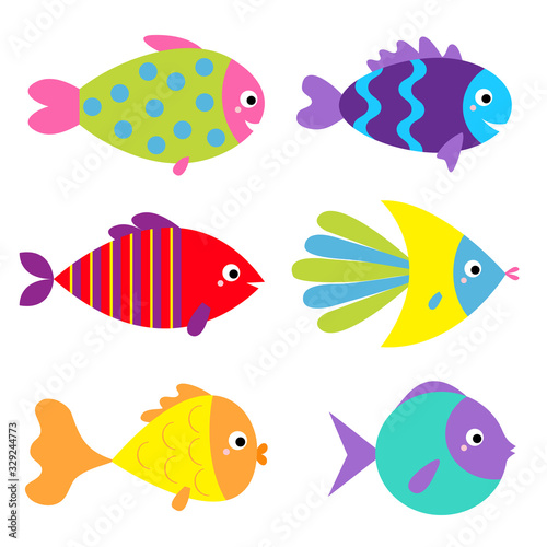 Fish icon set. Cute cartoon kawaii funny character. Colorful aquarium sea ocean animals. Baby kids collection. Marine life. White background. Isolated. Flat design.