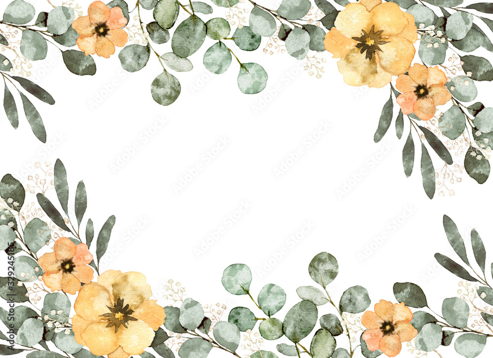 水彩 葉 花 装飾 フレーム ユーカリ イラスト Stock Illustration Adobe Stock