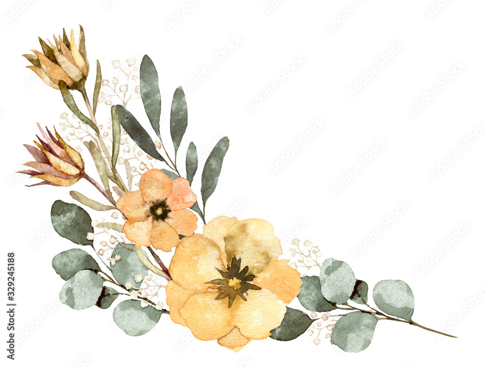 水彩 葉 花 装飾 フレーム ユーカリ イラスト Stock Illustration Adobe Stock