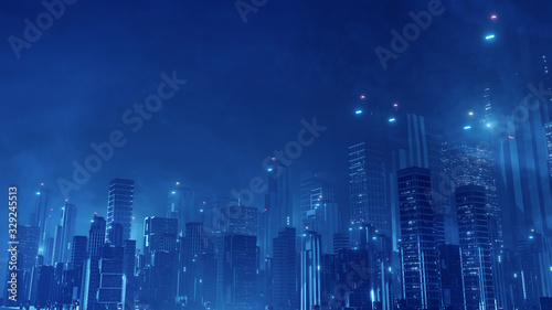 3D Rendering of futuristic virtual sci fi city. Many high sky scrapper building towers.  Concept for night life  business vision  technology product 
