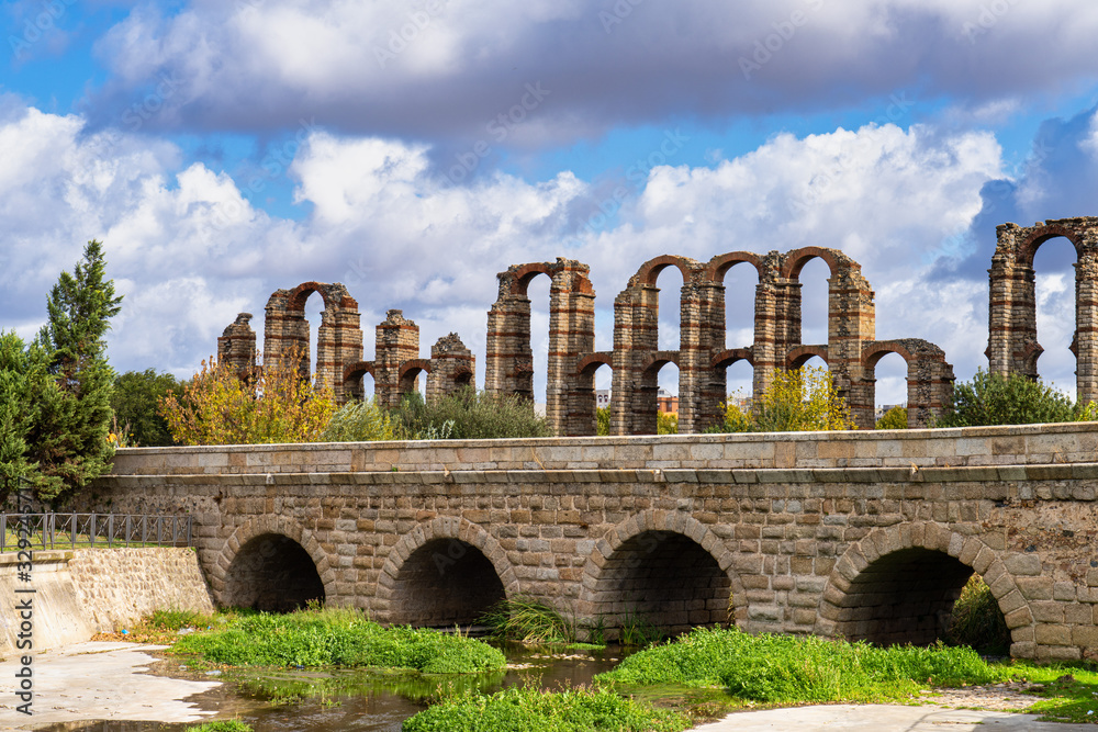 The Acueducto de los Milagros, Miraculous Aqueduct in Merida, Extremadura, Spain The Acueducto de los Milagros, Miraculous Aqueduct in Merida, Extremadura, Spain
