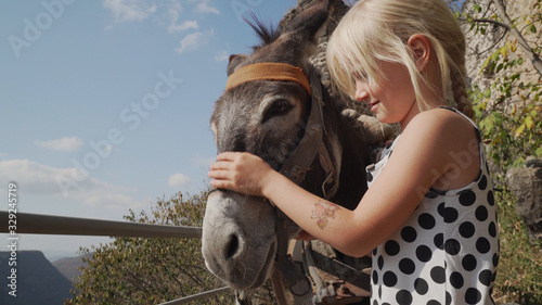 Portrait of little blonde caucasian girl with donkey look at camera photo