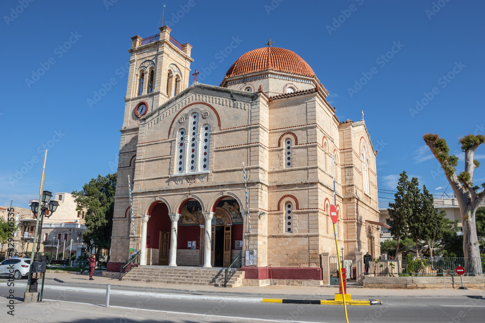 The domed church of Panagitsa on the seafront at Aegina Town on the Greek island of Aegina.