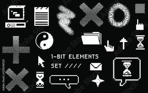 Set of pixel art elements in vaporwave retro 80's style. Geometric shapes and user interface icons.