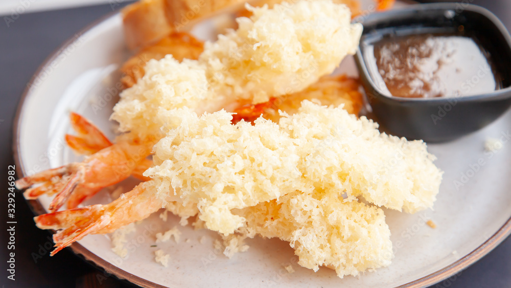Deep fried tempura Shrimps with sauce, Japanese cuisine Deep fried tempura Shrimps with sauce, Japanese cuisine