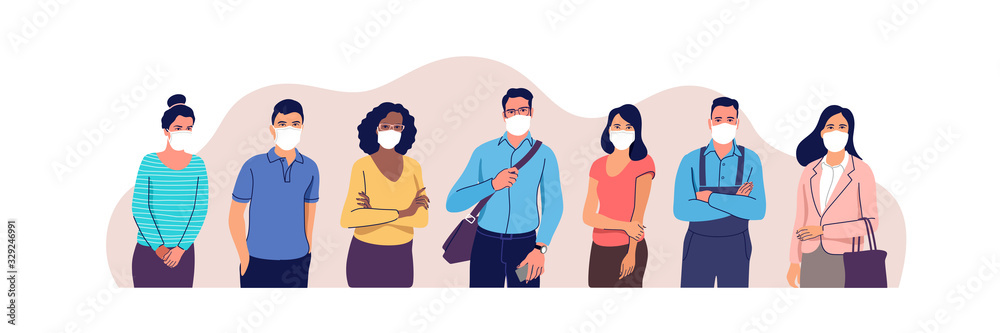 People in protective medical face masks. Man and women wearing protection from virus, urban air pollution, smog, vapor, pollutant gas emission. Vector illustration. People in protective medical face masks. Man and women wearing protection from virus, urban air pollution, smog, vapor, pollutant gas emission. Vector illustration.