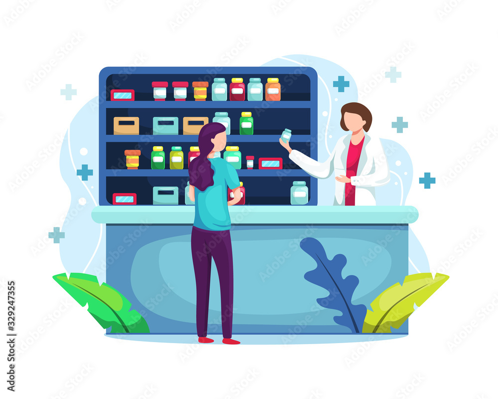 Pharmacist at counter in pharmacy Pharmacist at counter in pharmacy
