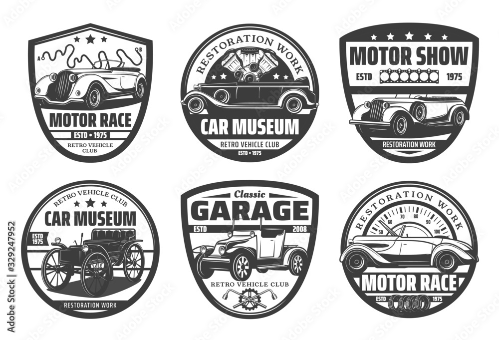 Retro cars, vintage vehicles isolated vector icons set. Vector motor race  club signs, museum, retro auto repair service icons, restoration works  service, old cars exhibition monochrome labels Stock-Vektorgrafik | Adobe  Stock