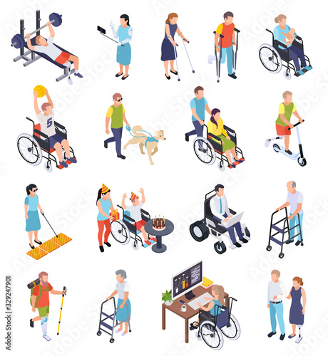 Disabled People Isometric Icons Set