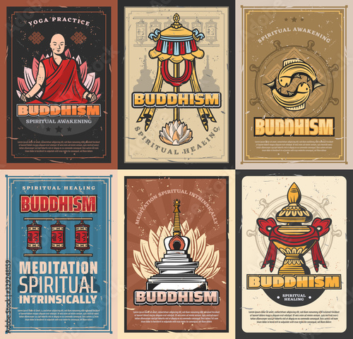 Buddhism religion retro posters. Vector Buddhist symbolic stupa, tibetian monk in lotus posture, prayer wheels and flag, carp fish and precious umbrella. Dharma wheel, Vase of treasure