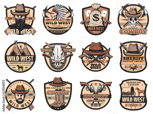 Wild West vintage vector icons set. Cowboy, sheriff and skull, American western hat, guns and ranger star badge, horse, vintage wagon, Indian chief, revolvers, bandana and rifles. USA Wild West signs