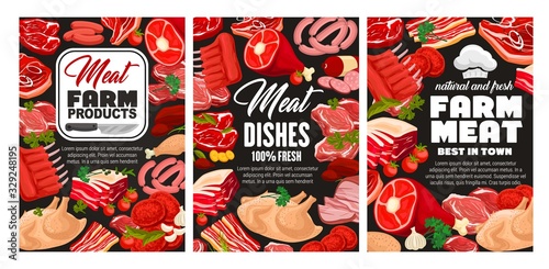 Meat and smoked butcher shop food. Vector sausages, beef steak, kotelet and chicken fowl, pork ham and veal medallions, salami and cervelat smoked wursts, mutton ribs and farm lamb meat