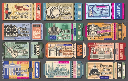 Travel tickets for Germany cultural events, vector templates set. National museum and vineyards, beer festival, historic mills, travel landmarks, brewery and music. Vintage tickets with sightseeing