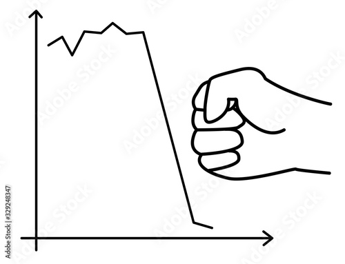 The stock exchange chart falls under the blow of a fist. Black- and- white drawing of the stock market falling due to falling oil prices .