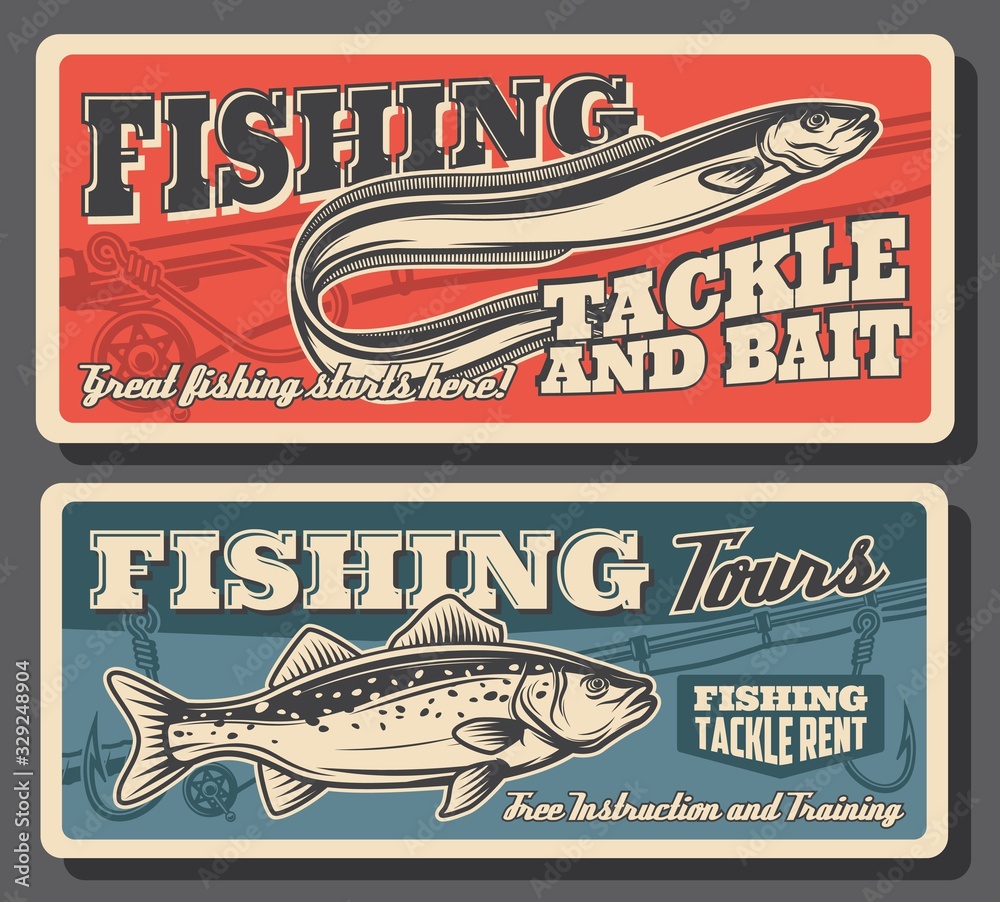Vecteur Stock Fishing sport, sea bass and eel fish, tackles and bait  posters. Fisherman equipment and fish catch accessories rent. Fishing rods  or spinning with hooks and floaters, vector vintage card