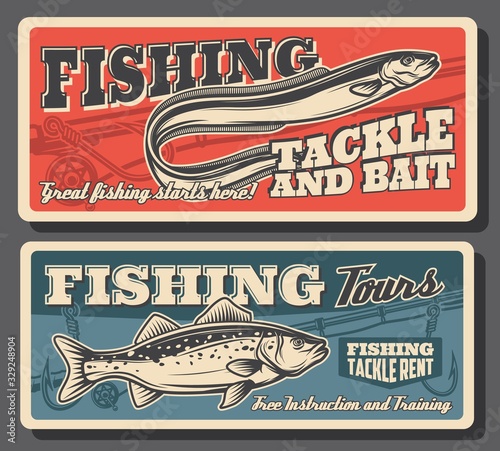 Fishing sport, sea bass and eel fish, tackles and bait posters. Fisherman equipment and fish catch accessories rent. Fishing rods or spinning with hooks and floaters, vector vintage card