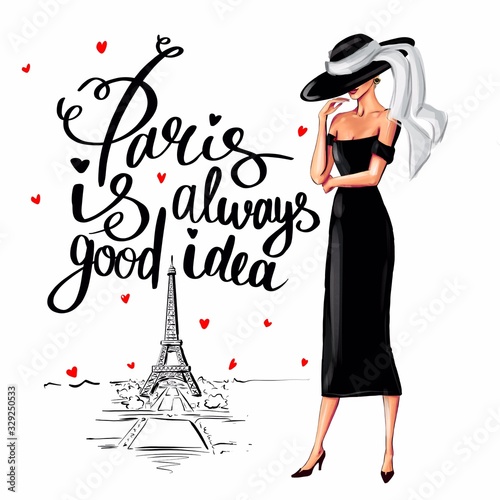 Stylish woman in little black dress and hat in Paris. Illustration  photo