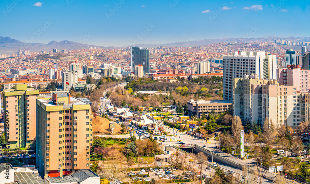 Ankara/Turkey-March 20 2019: Panoramic Ankara view with Ismet Inonu Boulevard