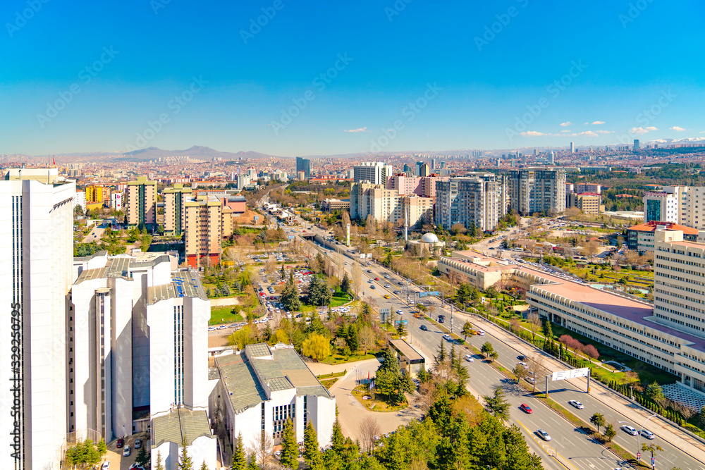 Naklejka premium Ankara/Turkey-March 20 2019: Panoramic Ankara view with Ismet Inonu Boulevard