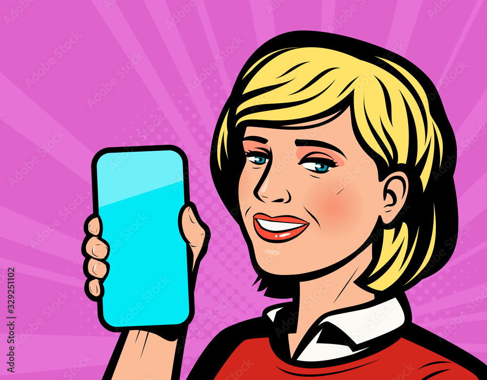 Beautiful young woman with smartphone in hand. Retro comic pop art vector illustration Beautiful young woman with smartphone in hand. Retro comic pop art vector illustration