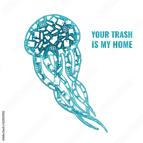 Stop ocean plastic pollution concept vector illustration. Jellyfish marine animal silhouette filled with plastic garbage flat icons. Global environmental problem banner, ocean pollution concept