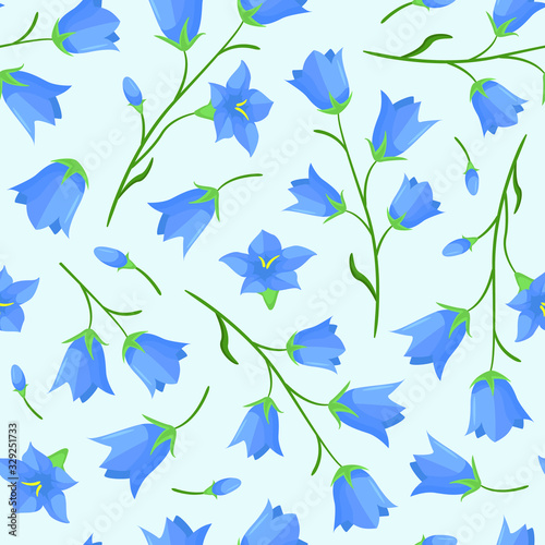 Vector seamless pattern with bellflower (campanula flowers) twigs; spring natural design for fabric, wallpaper, wrapping paper, packaging, web design.