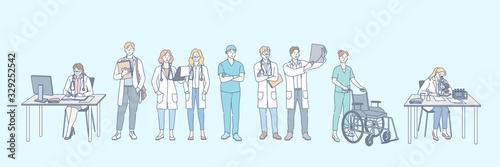Healthcare, research, medicine, doctor set concept. Group of young doctors, men and women, healthcare specialists at hospital together. Scientific medical researches or surveys. Hospital communication